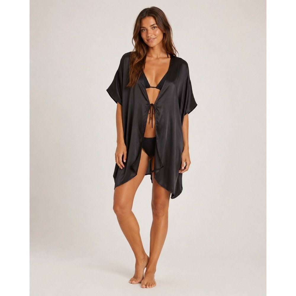 Victoria's‎ Secret Kimono Womens One Size Black Silky Satin Tie Front NWT